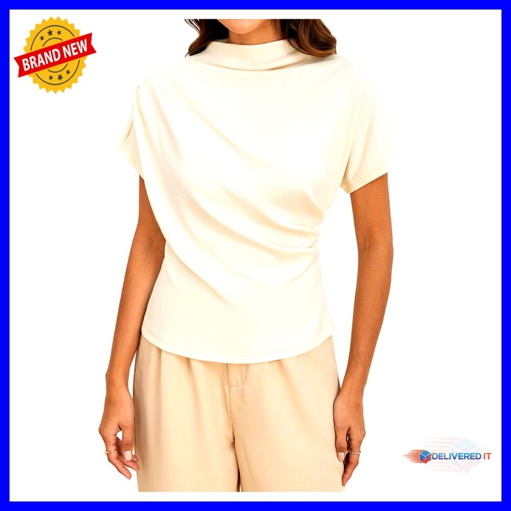 Short Sleeve Mock Neck Tee Asymmetric Ruched Fitted Chic Casual Top